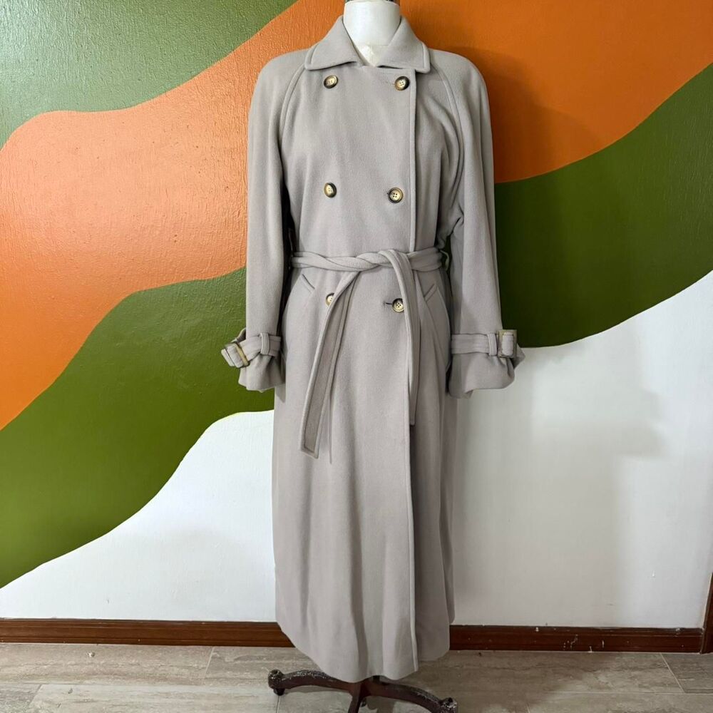 Vintage Wool Trench Coat 90s wool Beige Long Belted Overcoat Duster Minimalist 8